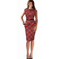 2016 Summer Fashion Women Elegant Round Neck Sleeveless 50s Red Plaid Dresses Slim Lady Party Scottish
