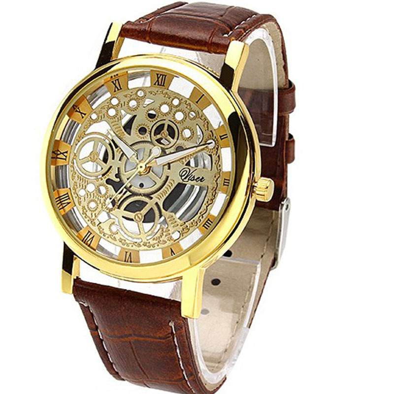 2015 Relogio Male l Luxury Brand Leather Band Skeleton quartz watch men women fashion WristWatch reloj