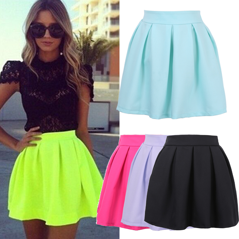 2015 Women Skirts Spring Autumn Neon Green Skater Skirt Casual Bright