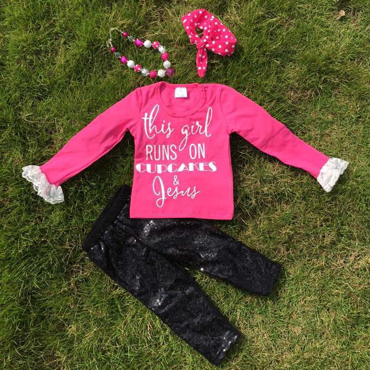 Fall outfits This girl runs on cupcakes and Jesus gold print boutique pant sets girls hot pink clothes kids long sleeve