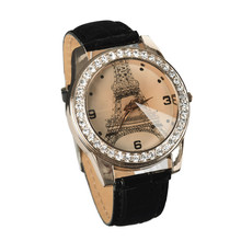 Lackingone relojes mujer moda 2015 relógio feminino torre Eiffel cristal banda de cuero mujer chica cuarzo libera el envío
