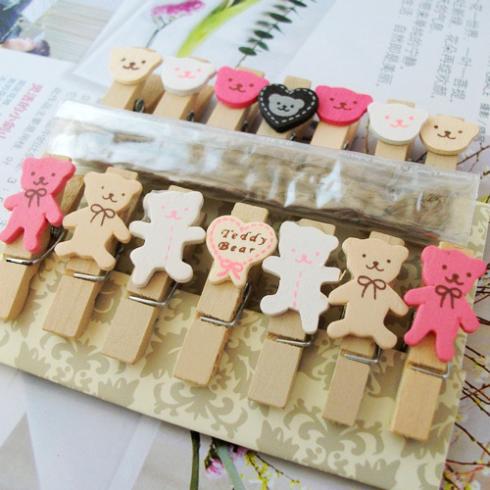 Q10076 14Pcs Bear Pattern Mini Wooden Clip Photo Paper Wood Pegs Kids Crafts Party Favor + Free Ship