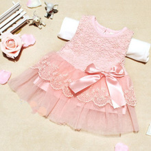 Baby Girls Sleeveless Lace Crochet Princess Dress Kids With Bow Belt Party Dresses Free shipping