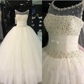 Real Photo 2016 Scoop Neckline Peals Tulle Wedding Dress Rhinestones Luxury Top Quality Bridal Ball Gowns