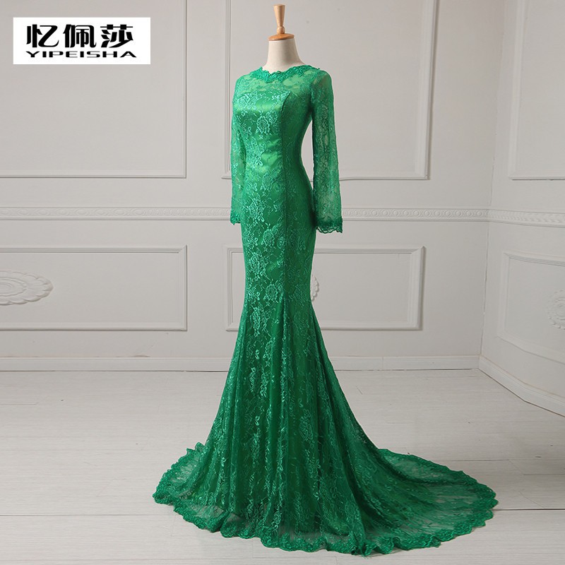 2015 Long Sleeve Evening Dresses Vintage Green Lace Mermaid High Neck Court Train EveningFormal Gowns For Womens 