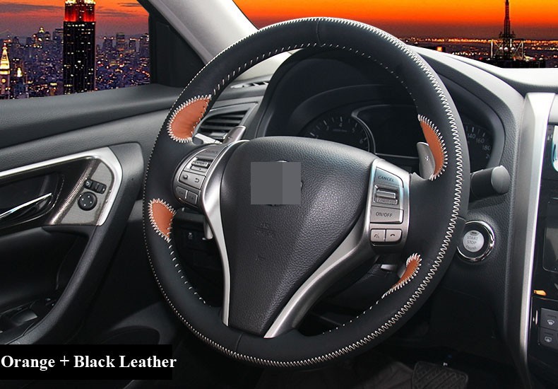 for Nissan 2013 Teana 2014 X-Trail Leather Steering Wheel Cover Black Orange