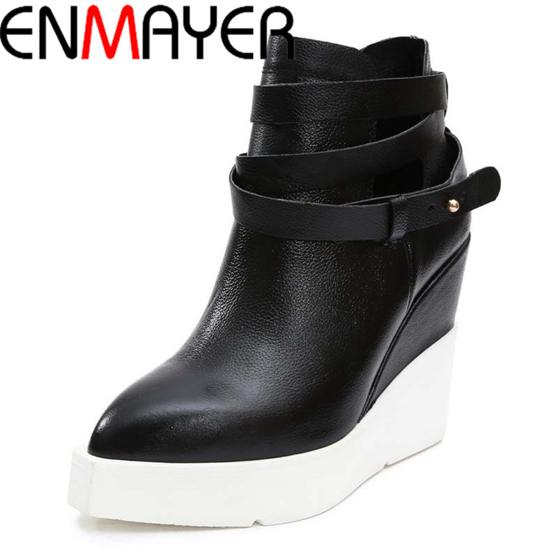 ENMAYER martin boots Autumn and winter two style Full Grain Leather Pointed Toe wedges high-heeled platform ankle boots forwomen