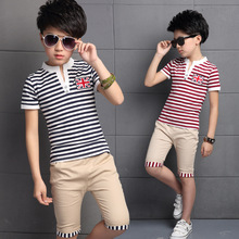 2016 New Arrival Boys Summer Suits V-Neck Striped Pullover T-Shirt And Solid Half Pants Toddler Boys Short Sets Kids Clothing