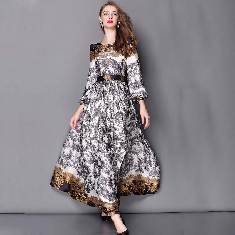 High-End! 2015 European Fashion Brand Style Ladies Elegant Long Sleeve Floor-Length Vintage Print Maxi Dress