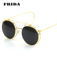 2016 New Fashion Flip Double Round Sunglasses Women Men Circle Retro Coating Steampunk Sunglass oculos espelhado feminino de sol