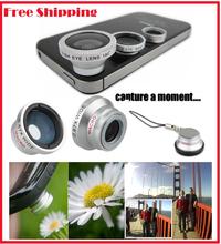 Free Shipping 3 in 1 Wide Lens + Macro Lens + 180 Fish Eye Lens For iPhone 4 4s 5 5s HTC ipad Samsung android Mobile phone lens