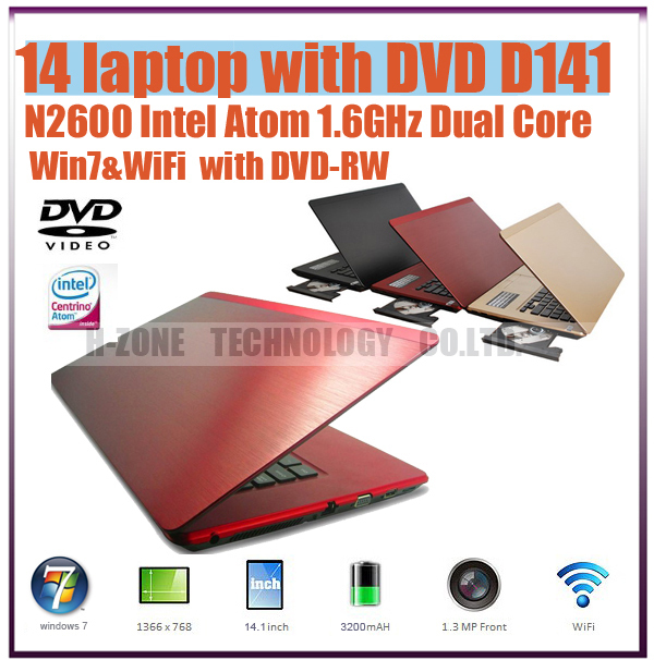 DHL Free Metal Case Laptop With DVD Burner 14 1 Inch Laptop Notebook Intel Atom N2600