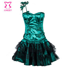 Gothic Green Appliques Steel Boned Corset Tutu Dress Burlesque Steampunk Halloween Costumes Women Sexy Plus Size Club Dresses