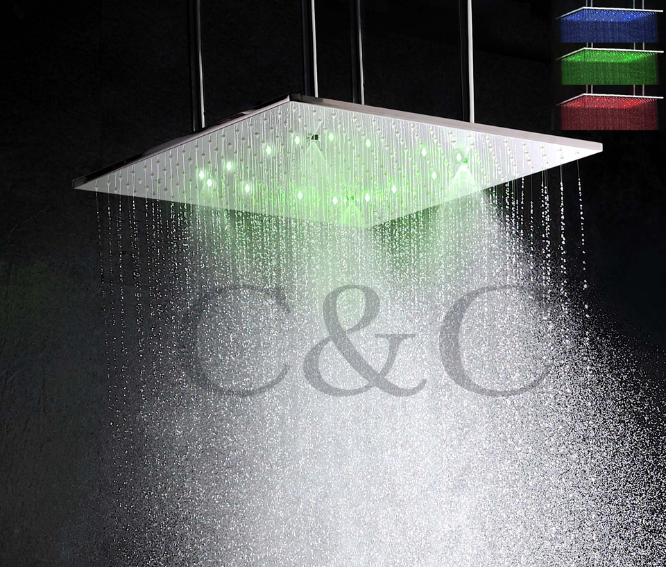 20 Inch Ceiling Mounted Temperature Sensitive 3 Colors Top Shower With Arms Atomizing And Rainfall LED Shower Head