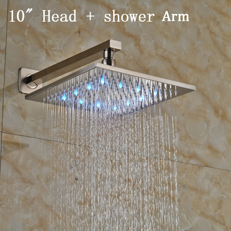 Modern Square Stainless Steel 10 inch Rain Shower Head LED Light Bathroom Top Sprayer + shower arm