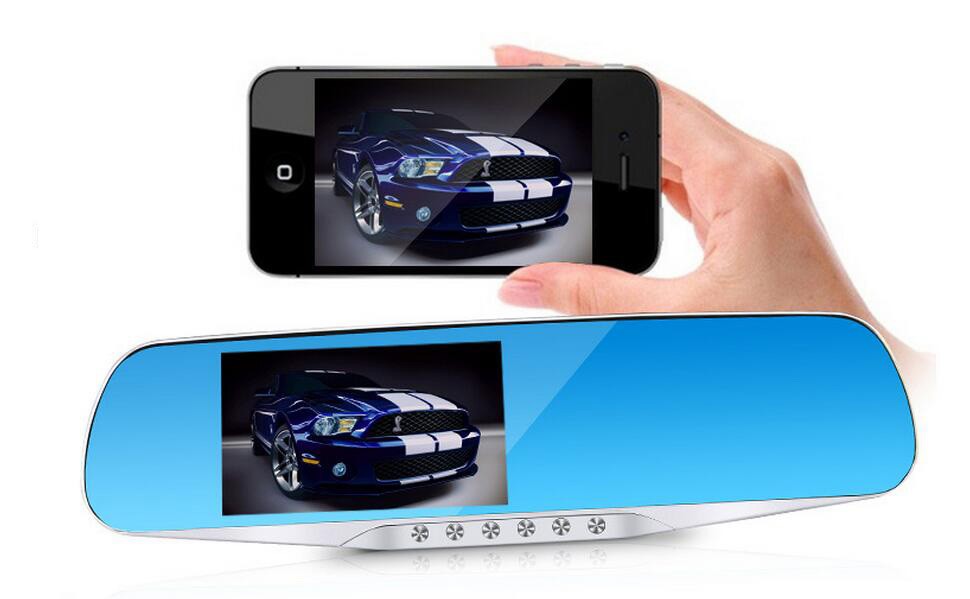 Car-styling-distinctive-style-4-3-inch-CAR-DVR-Blue-mirror-mirror-driving-recorder-dual-lens