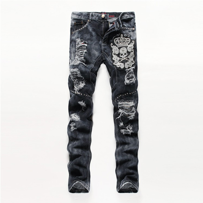 Black Jeans Skull Rock Club 2015 New Arrival Ripped Jeans For men Mens