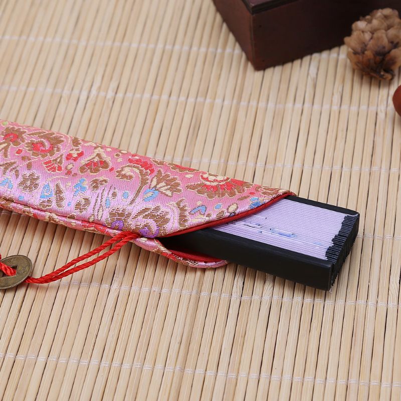 Silk Folding Chinese Hand Fan Bag With Tassel Dustproof Pouch Case Cover Retro 