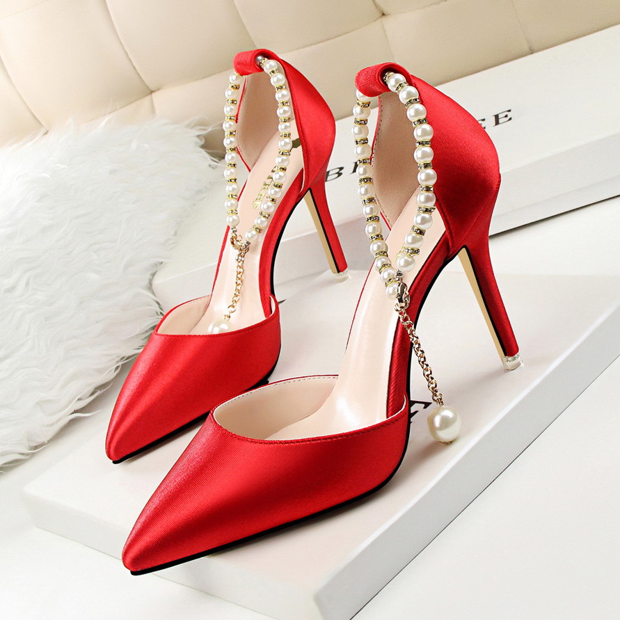 2016 Summer Thin Hgih Heels Shoes Stiletto Fashion Elegant High heeled Shoes Satin Pointed Hollow Pearl