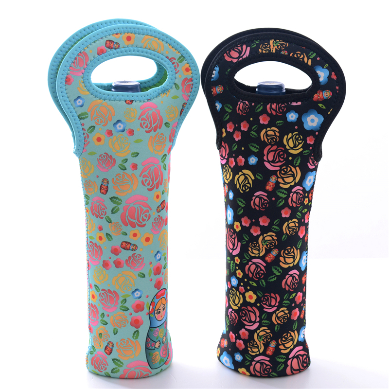 Neoprene Champagne Wine Bag Luxurious Black Blue Flower Pattern Wine