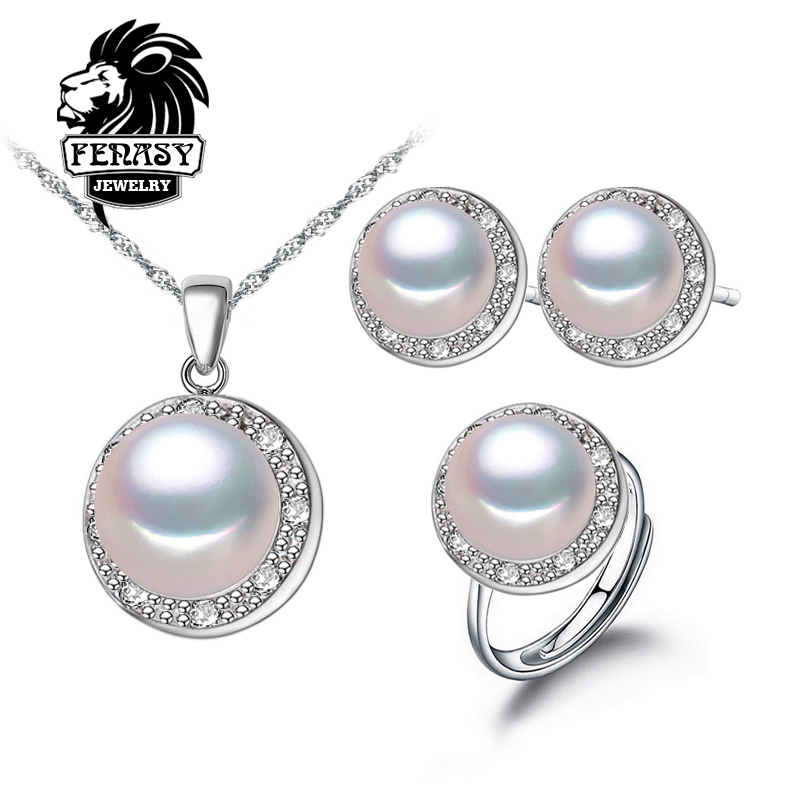 FENNEY Pearl Jewelry,100% natural Pearl Pendant Necklace, Natural Freshwater Pearl Earrings, with 925 Sterling Silver