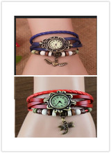 Unisex hombre y mujer de cuero Vintage relojes de pulsera reloj pulsera libélula / ángulo corazón Pandent Retro reloj de la joyería reloj