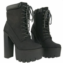 New Arrival 2015 Leisure Neutral Fashion Laceup Antislip High Heels Chunky Platforms Boots for Women Round Toe Durable Shoes