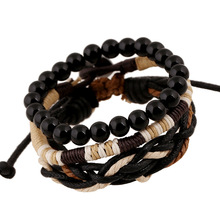 3 Pieces/Set Handmade Retro PU Leather Woven Charm Bracelets Wood Beads Wax rope braided bracelet Male Female Jewelry Pulseiras