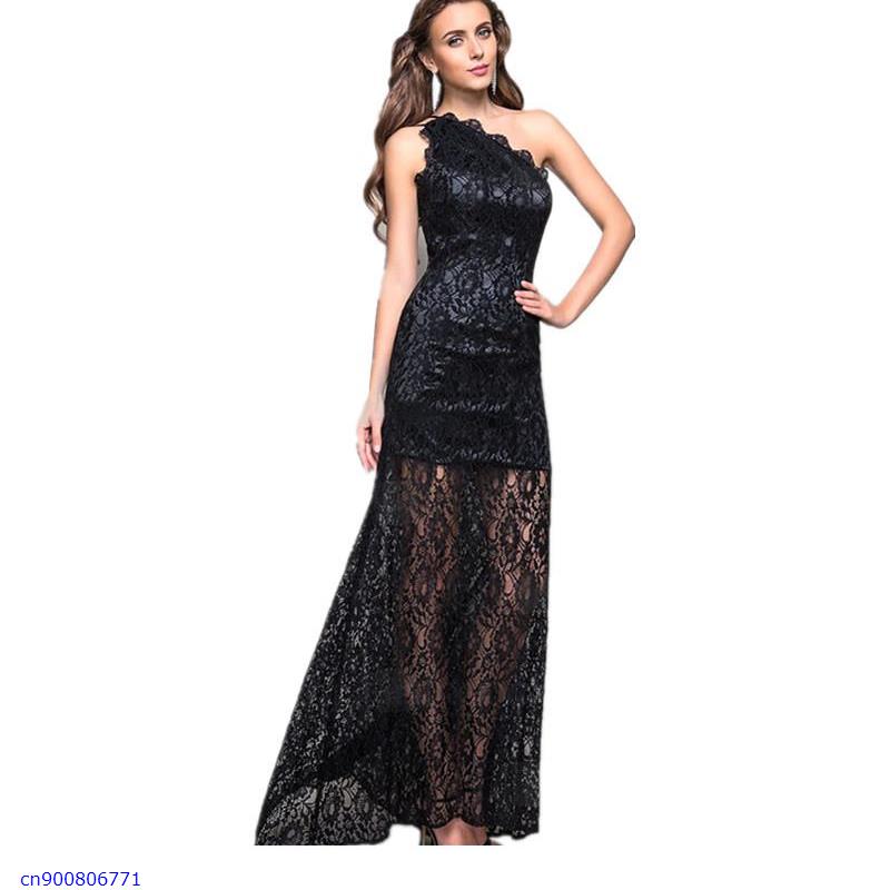 2015 New Arrival Dresses Woman Clothes Black Lace Overlay One-Shoulder Long Maxi Dress Summer Robe Longue Femme LC60157