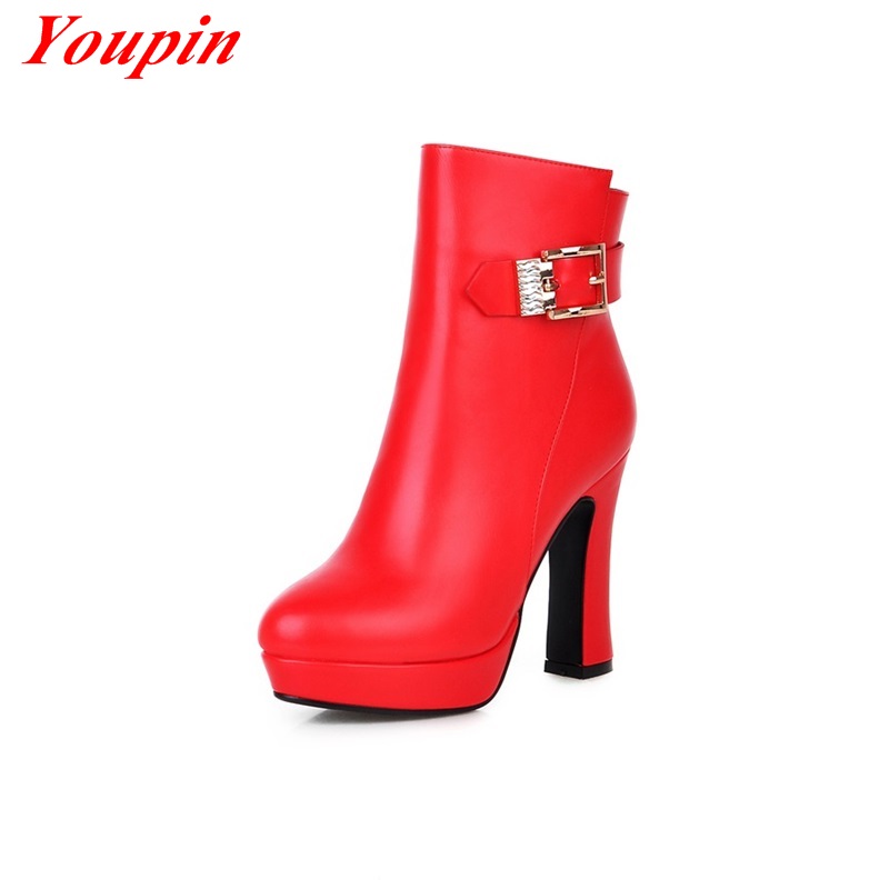 Belt buckle pumps ankle boots Duantong Fashion models wild Red Black Warm short plush 2015 New Products Thick with Woman Boots