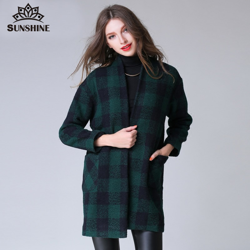 Autumn Winter Coat Women 2016 Loose Wool Coat Oversize Women Green Red Medium Long Wool Coat Casacos Femininos Plaid Coats