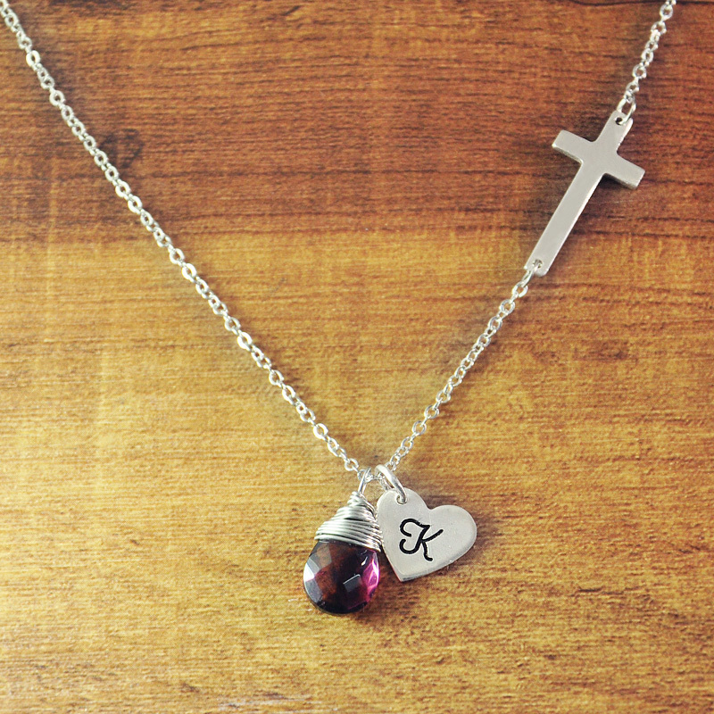 charm Engraved Custom Initials Child cross Pendant  and cross Necklace Heart charm heart necklace