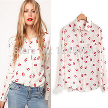 XS-5XLplus size cheap clothes china 2015 Spring flower printed shirt women Red lip women Blouses floral shirt Long Sleeve blouse