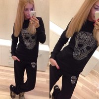 Women new fashion 2015 Female 2pcs Skull Rhinestone spring sweatshirts sport suit tracksuits Hoody women s m l