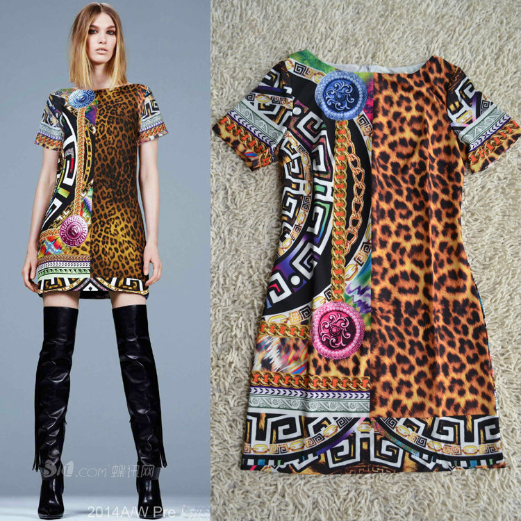 Free shipping Summer 2014 Short Sleeve Stunning Leopard Printed Silk Dress 140217D01