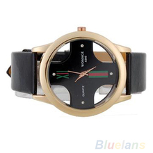 2014 moda de nueva hombres de lujo estilo Skeleton Dial de cuero de imitación reloj análogo 0RP2