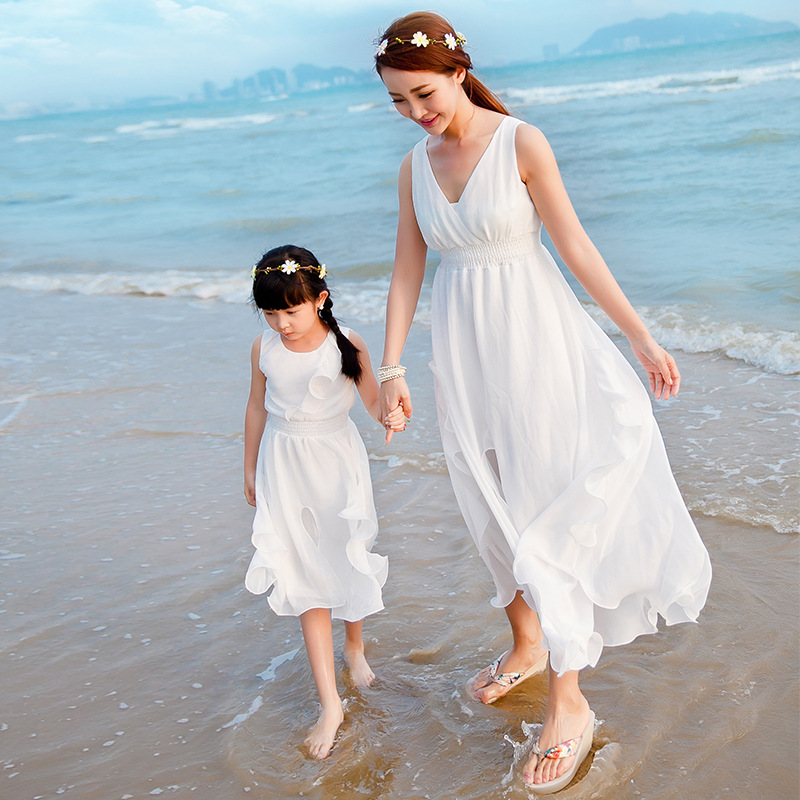 Summer Family Matching font b Dresses b font White Chiffon Bohemia font b Dresses b font