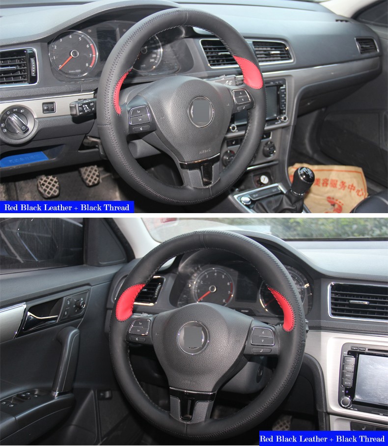 for Volkswagen VW Gol Tiguan Passat B7 CC Touran Magotan Sagitar Black Red Leather Steering Wheel Cover Black Thread