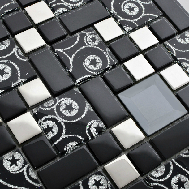 Black glass tile backsplash kitchen wall bathroom mirror tiles shower mosaics fireplace deco mesh pattern metal tile backsplash