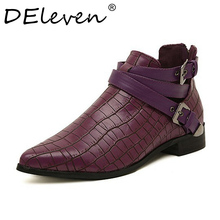 DEleven Women Back Zipper with Square Heel Pointed Toe Bootie Crocodile Stripe Ankle Buckle Criss Cross Boots Autumn Woman Shoes