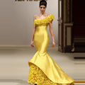 Fashionable Organza Pleat One Shoulder Evening Dresses 2016 High Quality Yellow Floor Long Mermaid Prom Dress