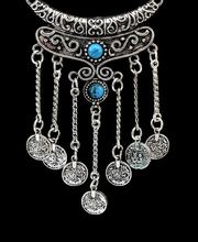 Bohemian vintage silver black stone moon pendant necklace long coin fringe chain necklace turkish female jewelry