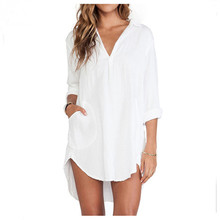 Blusas Feminina 2016 Sexy Women Sheer White Shirts Dress Long Sleeve Pocket Casual Irregular Blouse Tops Plus Size Mini Dress