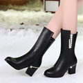 Women Genuine Leather Boots Winter Warm Sexy Boots Ladies Mid calf Boots Zipper Black Boots Thick