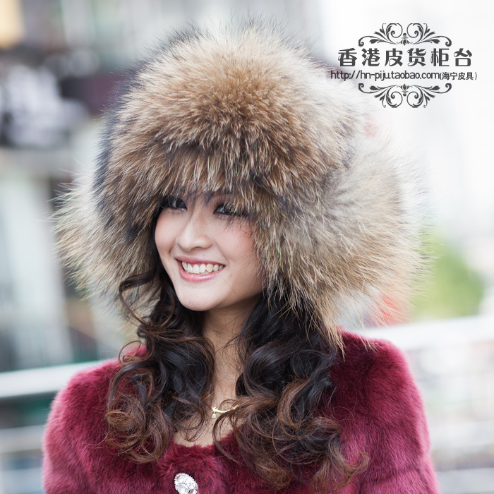 Autumn and winter Woman's Fashion Genuine Raccoon Fur Bamber  Hats Female Caps Ears protector