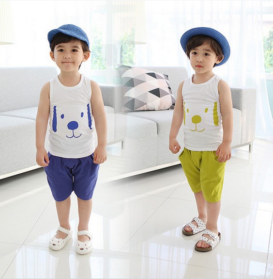 2014 New summer baby boy suit white cotton dog vest + blue shorts 2pcs set kids suit boys casual clothing set 5set/lot