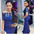 Nigeria Royal Blue Lace Mermaid Evening Dresses Sexy African Long Prom Gowns Boat Neck Short Sleeves