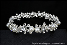 Bridal Princess Austrian Crystal pearl round Tiara Wedding Crown Veil Hair Accessory Silver