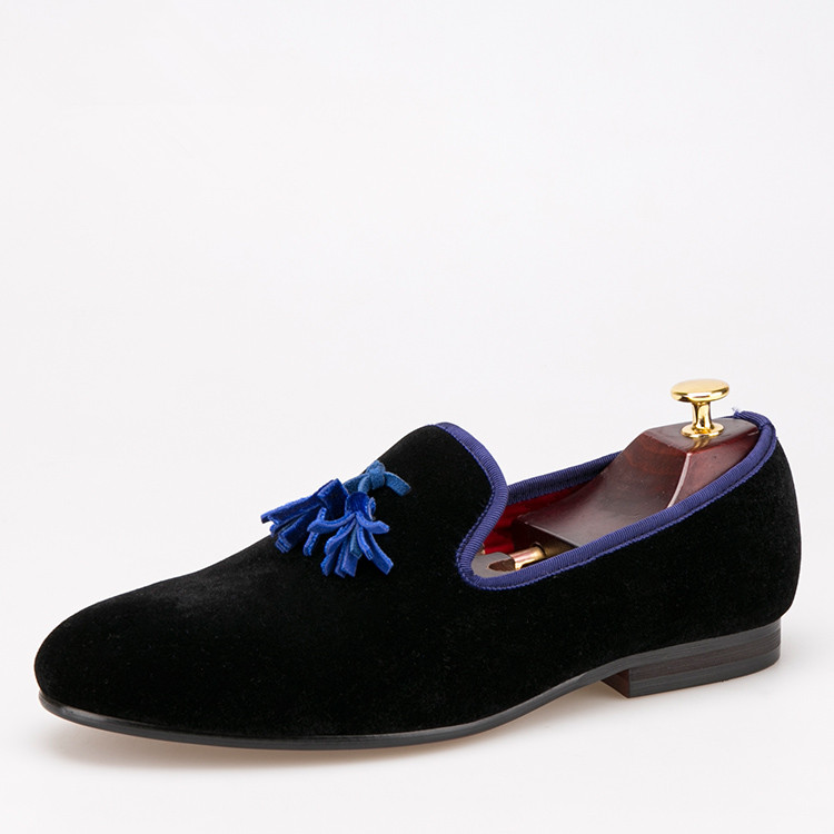 men wedding shoes black velvet loafers blue tassel slippers US size 6-14 Free Shipping