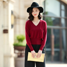 100% cashmere sweaters women’s V-neck long sleeve pullovers two pockets knitted short tight waist sweater solid color